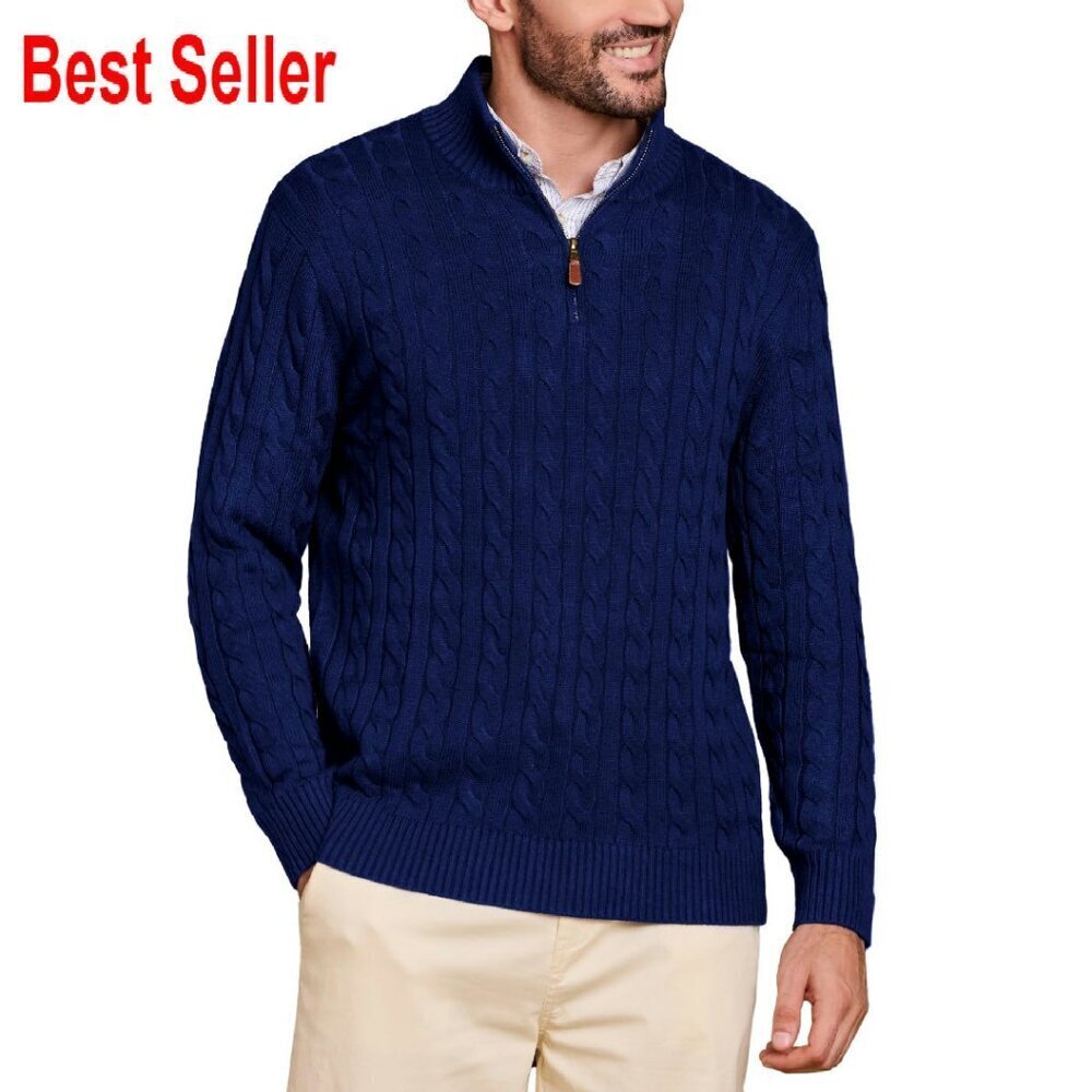 Men's Quarter Zip Sweater Cable Knit Pullover Wool Blend Classic Business Casual